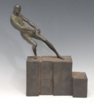 Brutalist School - a mid-20th century verdigris and dark patinated bronze, Figure Under Strain, 28cm