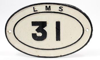 Railwayana - an LMS oval shaped painted cast iron bridge plate, raised black lettering on a white