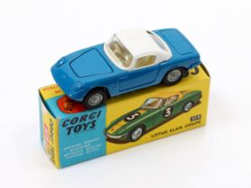 Corgi Toys 319 Lotus Elan coupé, blue and white body, cream interior, cast hubs, boxed