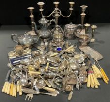 Silver Plated Ware - a four piece tea service; candelabrum; candlesticks; flatware; mother of