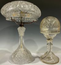 A mid 20th century cut glass mushroom table lamp, 44cm high; another, smaller, 33cm high (2)