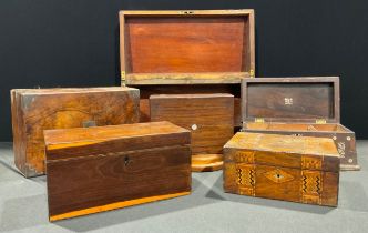 A 19th century rosewood and mother of pearl inlaid sarcophagus tea caddy, 34cm wide; another