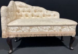 A Queen Anne style miniature chaise longue, cream satin upholstery with rose design, button back,