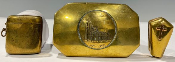 Boxes & Objects - a 19th century brass snuff box, Köln Cathedral; a brass coffin shaped vesta, cross