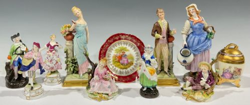 A pair of Naples porcelain figures, of a gentleman and companion, 19cm high; another pair, of a