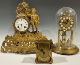 Clocks - a late 19th century French style gilt metal mantel clock, 7.5cm circular dial, Roman