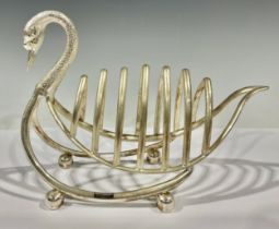 A silver plated novelty seven-bar toast rack, as a swan, 20.5cm long
