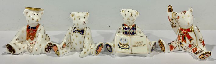 A set of four Royal Crown Derby miniature bears, Alice, Edward, Happy Birthday, first quality and