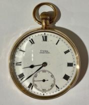 A 9ct gold Cyma open face pocket watch, Roman numerals on white dial, subsidiary seconds hand, 80g