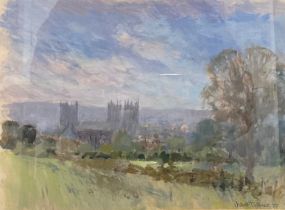 John F Collins Bristol Cathedral from the Meadows signed, dated 97, oil on board, 26cm x 35cm