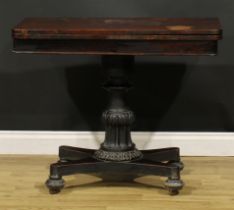 A William IV mahogany card table, 74cm high, 91.5cm wide, 45cm deep, c.1835