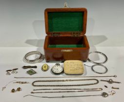 A 925 silver open faced pocket watch; silver bangles; gold coloured metal brooches; etc (quantity)