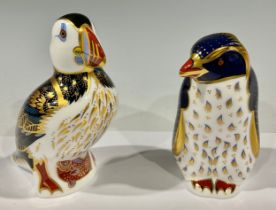 A Royal Crown Derby paperweight, Rockhopper Penguin, 21st anniversary gold stopper, 10cm, printed