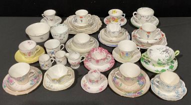 A collection of Shelley teaware, various patterns including Chelsea, Chippendale, etc, some trios,