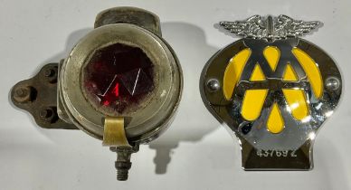 Automobilia - an Acetalyne motorcycle rear lamp; a motorcycle AA badge