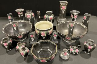 A pair of large Shelley pedestal bowls, decorated with Art Nouveau style pink roses on a black