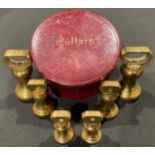 A set of Victorian brass weights in a leather collar box
