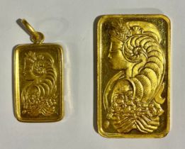 A Suisse One Troy Ounce 999.9 Fine Gold ingot; a Suisse 10g Fine Gold 999.9 ingot, mounted in 9ct