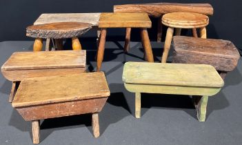 A yew rustic stool or chopping block, 30.5cm high, the top 60cm wide; a 19th century beech and ash