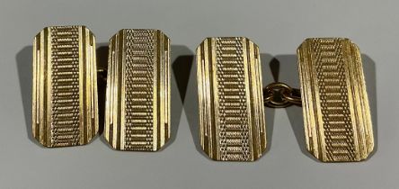 A pair of George VI 9ct gold canted rectangular cufflinks, engine turned, Birmingham 1938, 5.5g