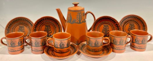 A Royal Worcester Crown Ware Scottie Wilson coffee service for six, comprising coffee pot, cups