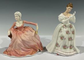 A Coalport figure, Ladies of Fashion Polly, 16.5cm high; another, Royal Doulton, Summer Rose, HN