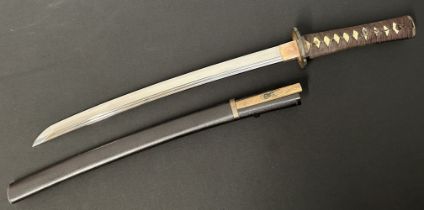 Japanese Wakizashi Sword with single edged double fullered blade 440mm in length. Hamon line to edge