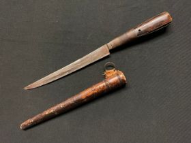 A Middle Eastern/African dagger, 18.5cm blade with armourer's mark, wire-bound wooden grip,
