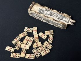 Napoleonic Prisoner of War Work Bone Dominoe Set. 22 Bone Dominoes and a Bone case with engraved