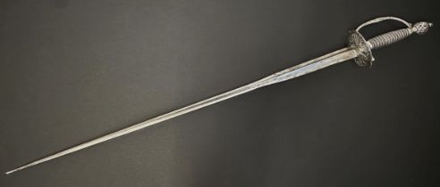 Small Sword with incurved triangular section blade 810mm in length. No makers marks. Silver