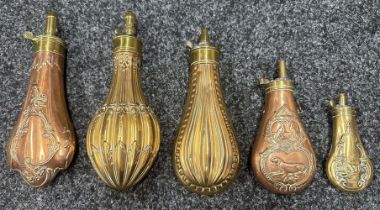 Collection of five Copper & Brass Powder Flasks which includes one smaller Pistol sized flask with
