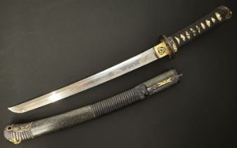 Japanese Wakizashi Sword with single edge blade with good Hamon line 400mm in length. Mon to the