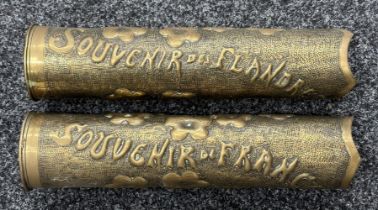 WWI French 75mm Trench Art brass shell cases, fully worked one inscribed "Souvenir Des Flandres" and