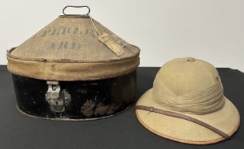 British Army Pre War Officers Tropical Pith Helmet and original Indian made tin with canvas