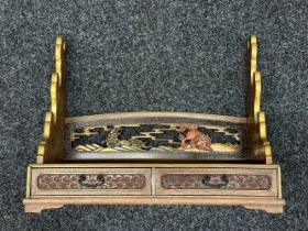 Japanese Sword Display Stand for three swords. Wooden construction with decorative brass inlays. Two