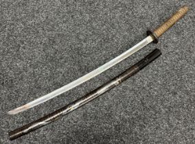 Japanese Sword with 730mm long single edged blade, good Hamon line. Unsigned tang. Iron tsuba.