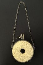 Japanese Powder Flask. Approx. 100mm in diameter. Chain length approx. 23cm. Resin decoration with