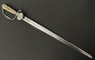 Silver mounted Hunting Cutlass with fullered decorated engraved blade 554mm in length. Floral