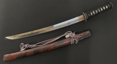 Japanese Wakizashi Sword with single edged blade 445mm in length. Good Hamon line. Signed tang.
