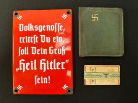 WW2 Third Reich Red & White Enamel Sign "Volksgenosse trittst du ein, soll dien Gruss "Heil