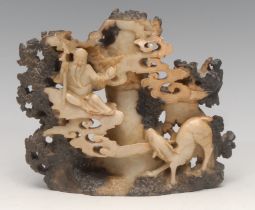 A Chinese soapstone carving, of Shou Lao and a deer, 16cm wide, early 20th century