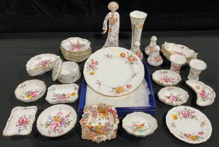 A Royal Crown Derby Posies pattern figure, vase, salt and pepper, boxed dessert plate, pair of