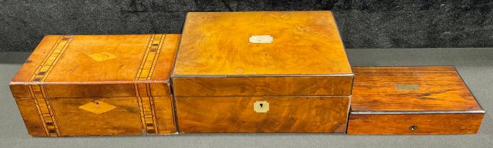 A Victorian walnut and parquetry tea caddy, c.1870; a Victorian walnut rectangular work box, c.1880;