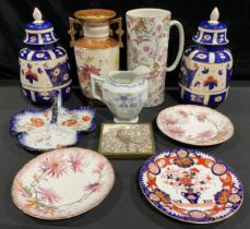 A pair of Victorian Imari pattern ovoid jars and covers, 31cm high; a late 19th century Pointons two