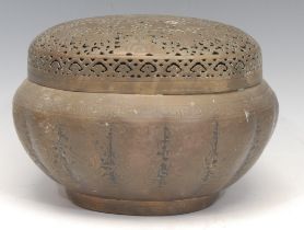 A Chinese brass oval brazier or hand warmer, pierced cover, chased with chrysanthemums, scrolls