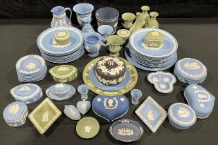 A collection of Wedgwood blue and white jasper ware, including boxes, vases Christmas plates, etc;