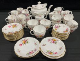 A Royal Crown Derby Posies pattern teapot, breakfast cups and saucers, teacups and saucers, coffee