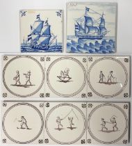 Wall Tiles - Dutch Delft, six manganese, two blue and white (8)