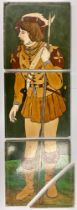A Victorian three section wall tile group, Cavalier Guardsman, 61.5cm x 20.5cm, signed, D Watson,