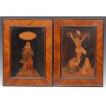 A pair of Italian walnut and marquetry rectangular panels, inlaid with The Crucifixion and The